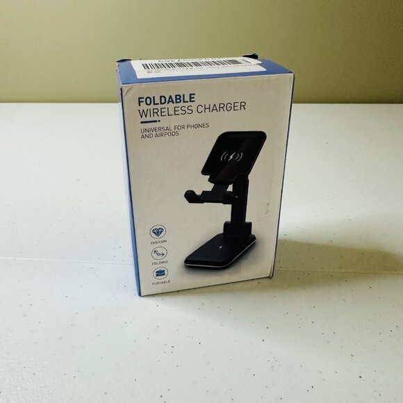 Foldable Wireless Charger Stand For Phones & AirPods Black With Silver Trim - Picture 1 of 9